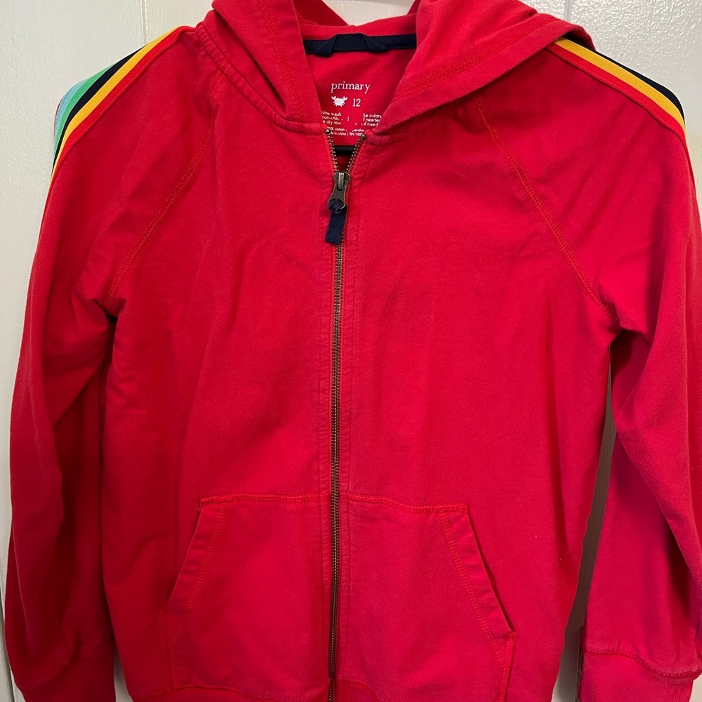 Primary Red Hoodie with Rainbow Stripes